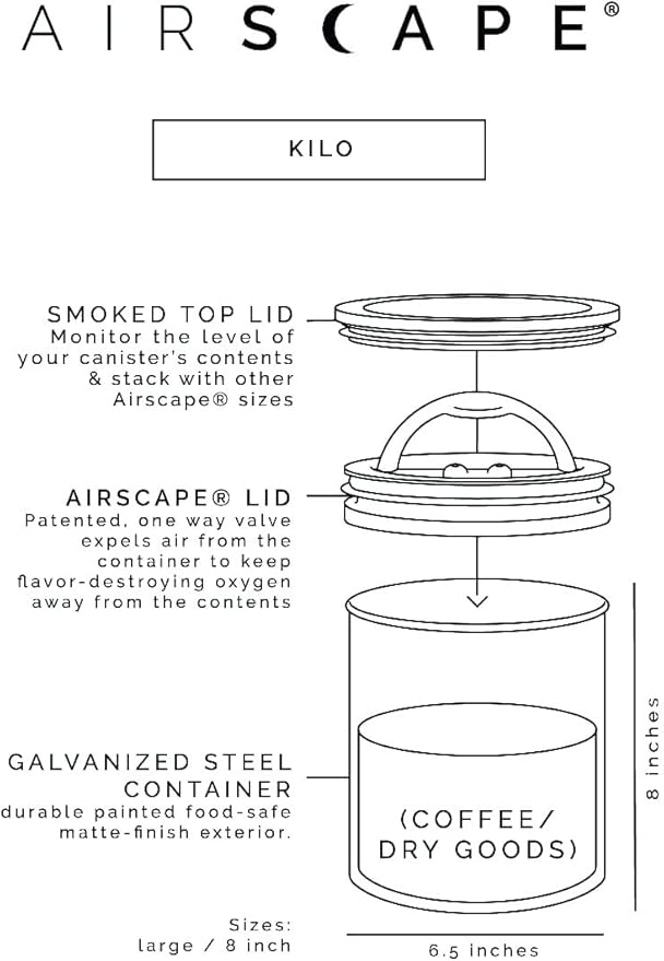 AirScape Planetary Design Kilo Coffee Storage Canister - US Patented Inner Plunger Lid Removes Excess Oxygen - DON'T buy airtight, BUY AIR-LESS - Holds 2.2 lbs Coffee Beans - (Matte Black)