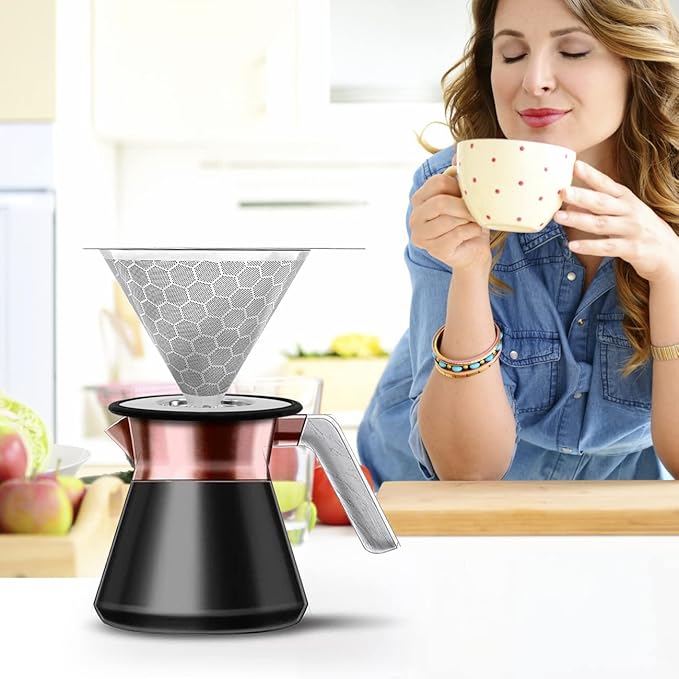 LHS Pour Over Coffee Dripper Reusable Coffee Filter Metal Cone Filter Paperless Coffee Filter Stainless Steel Pour Over Coffee Maker Single Cup Brew Coffee Filter, Double Mesh
