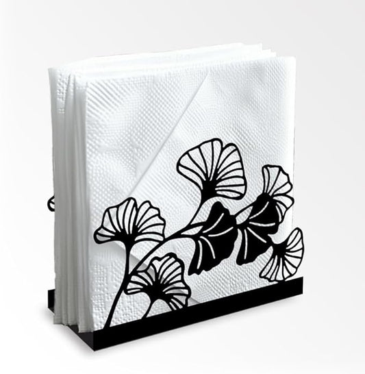 Modern Ginkgo Leaves Decorative Black Metal Napkin Holder for Table, 4.9" x 4.9" x 1.9" Standing Napkin Holder for Home Kitchen Restaurant Picnic Party Coffee Bar Dining Room