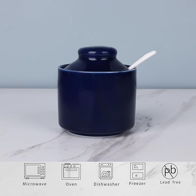 HAOTOP 8 oz Sugar Bowl with Lid and Spoon,Ceramic Sugar Jar Sugar Dispenser Sugar Container Coffee Bar Accessories, Kitchen Countertop Canisters (Navy)