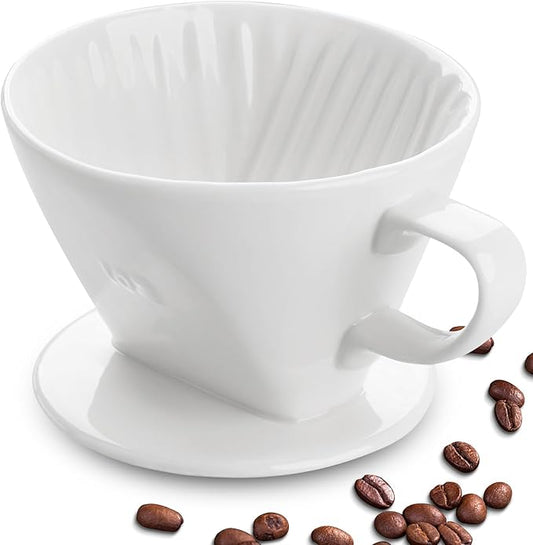 Handmade Pour Over Ceramic Coffee Dripper - Authentic Brewing Experience for Camping, Office, and Home (White)