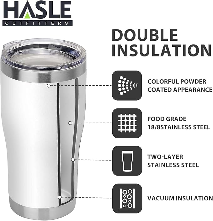 HASLE OUTFITTERS 20 oz Tumbler Bulk, Stainless Steel Tumblers with Lid, Vacuum Insulated Tumbler, Double Wall Powder Coated Cup, coffee mugs, White, 6 Pack