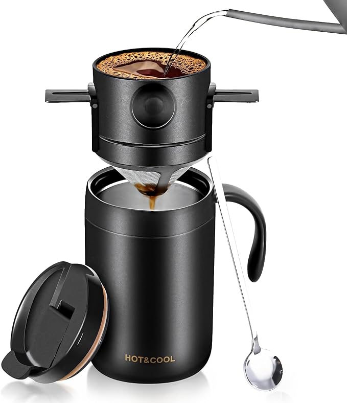 Camping Coffee Maker Pour Over Coffee Maker Set, 16oz Camp Pour Over Set, Pour Over Coffee Maker Camping, Includes Filter and Spoon, Portable Coffee Kit for Travel, Camping, Offices, Backpacking