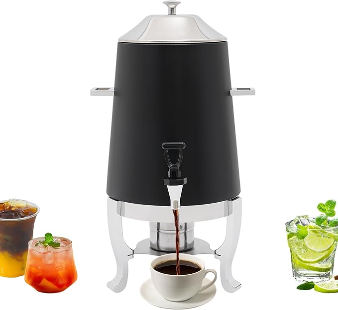 Stainless Steel Beverage Dispensers, Drink Dispenser with Fuel Holder & Base & Stainless Steel Faucet 3.4Gal Hot Beverage Dispenser, Commercial Coffee Urn for Hotels, Canteens（Silver, Black）