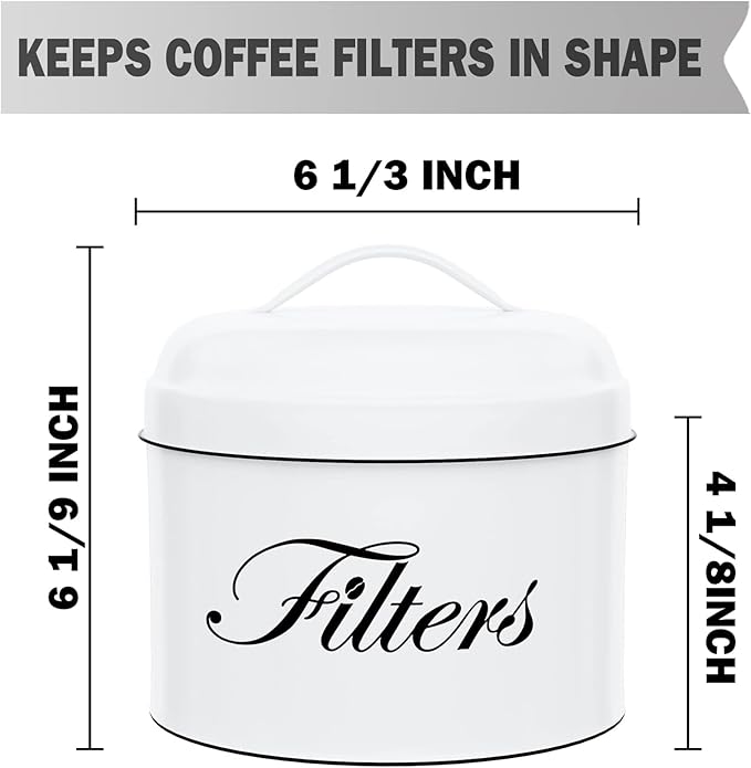 Coffee Filter Holder, White Basket Coffee Filter Storage with Lid, Round Coffee Filter Container for Counter, Rustic Farmhouse Coffee Bar Accessories Decor (White)