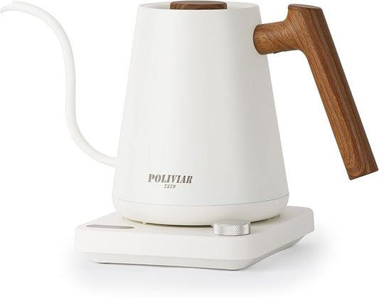 POLIVIAR Electric Gooseneck Kettle, 1350W Electric Tea Kettle Wood Pattern Handle, 34oz Pour Over Electric Kettle for Coffee & Tea, 18/8 Stainless Steel Inner, Temperature Control & Rapid Heating