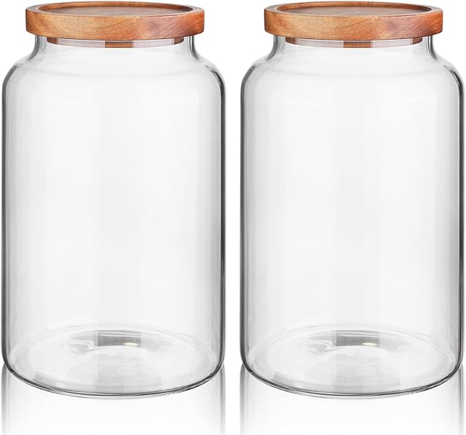 Labina Glass Storage Container Airtight Food Jars Kitchen Canister with Wood Lids, 88 Oz Wide Mouth Pantry Organization Glass Jar for Flour, Sugar, Cookie, Spagetti, Nuts and Candy (2 Pack)