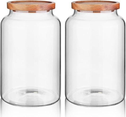 Labina Glass Storage Container Airtight Food Jars Kitchen Canister with Wood Lids, 88 Oz Wide Mouth Pantry Organization Glass Jar for Flour, Sugar, Cookie, Spagetti, Nuts and Candy (2 Pack)
