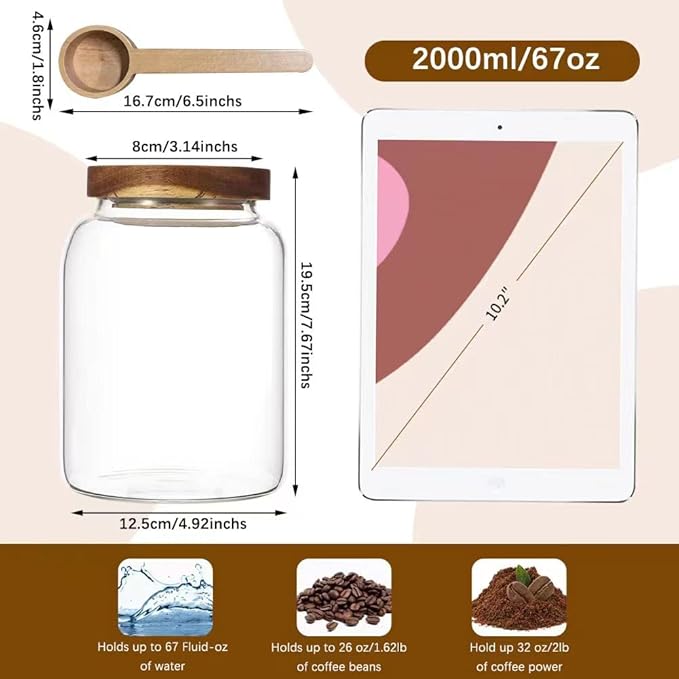 Glass Coffee Storage Jar with Lids Scoop Thicken Glass Coffee Canister Borosilicate Glass Food Containers for Ground Coffee Beans Nut Pasta Sugar Candy Spice Rice Loose Tea