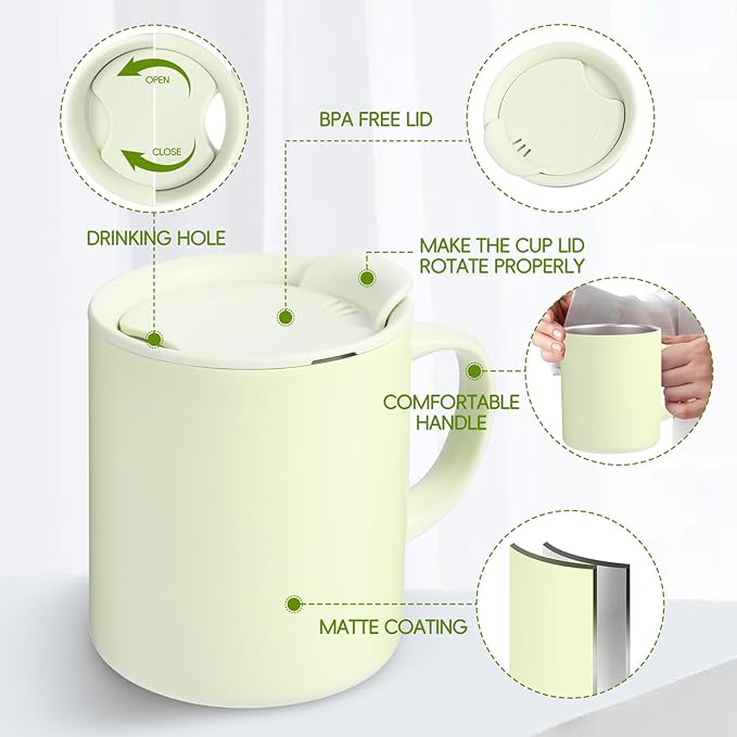 12oz Insulated Camping Coffee Mug with Lid & Handle, Double Wall Stainless Steel Vacuum Travel Coffee Cup, Reusable Tumbler for Home Office Camping - Green