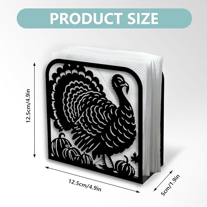 Turkey Decorative Black Metal Napkin Holder for Table, 4.9" x 4.9" x 1.9" Standing Napkin Holder for Home Kitchen Restaurant Picnic Party Coffee Bar Dining Room