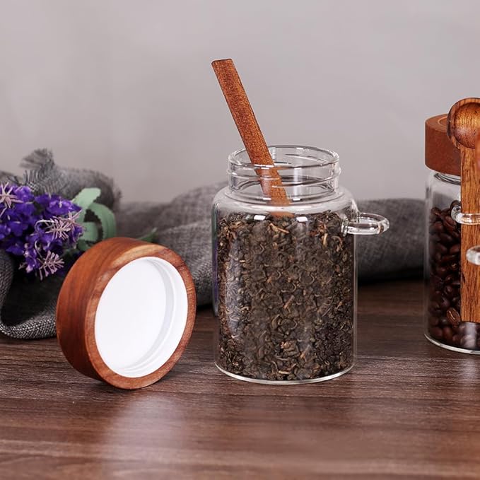 SAIOOL Loose Leaf Tea Storage Canister Set, 4 Pieces 16 OZ Glass Tea Containers with Wooden Lids and Spoons for Loose Tea, Coffee, Sugar, Oatmeal, Herbs (Tea Canisters)