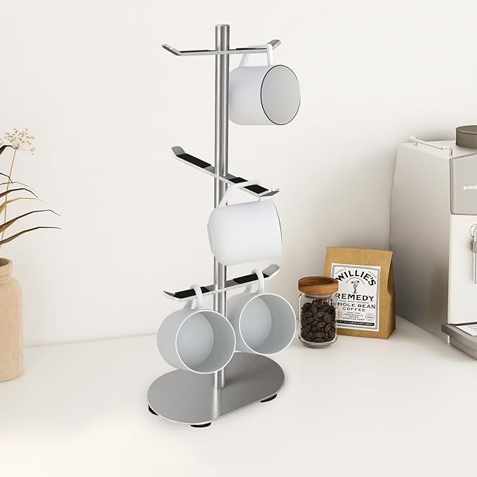 Mug Holder Tree, Coffee Cup Holder with 6 Hooks, Coffee Mug Rack, Metal Mug Tree for Counter, Mug Holder Stand Coffee Mug Hanger(Brushed Nickel)