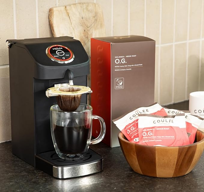 Coulée EcoPour O.G. Coffee, All Paper Single Serve Colombian Coffee, Medium Roast, Use for Camping or Traveling, Pre Filled Compostable Filters, Ready to Brew with Hot Water, Plastic Free, 20 Pack