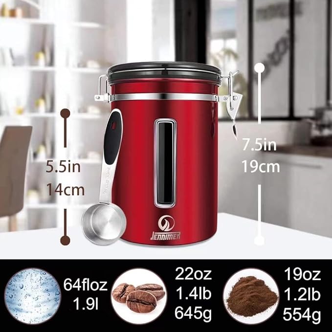 Coffee Canister - Large, Stainless Steel Airtight Coffee Containers with Transparent Window,Date Tracker, CO2-Release Valve and Measuring Scoop for Freshness of Storage Coffee (Red)