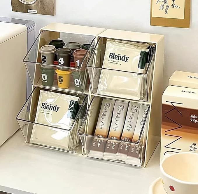 Acrylic Tea Bag & K Cup Organizer with 2 Transparent Drawers - Compact Multi-Use Storage for Coffee Pods, Sugar Packs - Kitchen & Office Counter Organizer - White