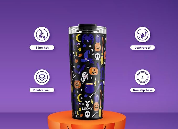 Meoky 24 oz Halloween Travel Coffee Mug with Leak-proof Lid, Glow in the Dark Stainless Steel Insulated Coffee Tumbler, Keeps Hot for 8 Hours, Fits in Car Cup Holder(Haunted Pumpkin)