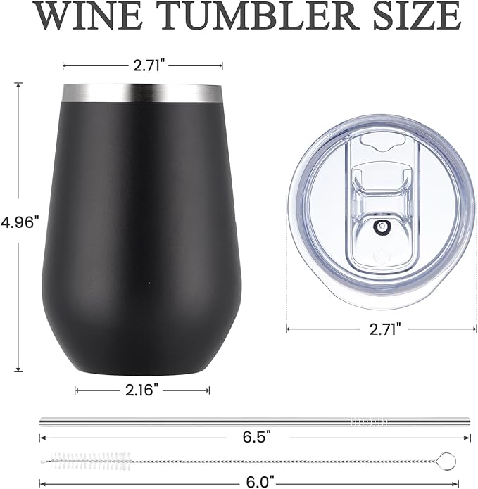 MEWAY 12oz/12 Pack Wine Tumbler Glasses with Lid - Stemless Double Wall Vacuum Stainless Steel Tumblers Keeping Cold & Hot for Wine - Family and Gifts, Ideal for Travel and Office(Black,Set of 12)