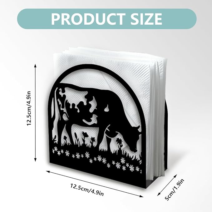 Cow Eating Grass Decorative Black Metal Napkin Holder for Table, 4.9" x 4.9" x 1.9" Standing Napkin Holder for Home Kitchen Restaurant Picnic Party Coffee Bar Dining Room