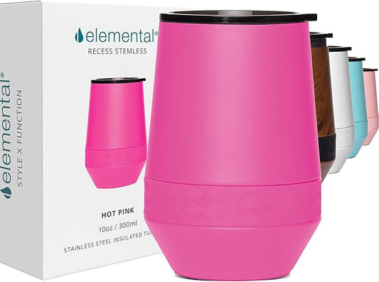 Elemental Recess Wine Tumbler - Triple Wall Insulated Stainless Steel Coffee Mug for Hot & Cold Drinks - Portable Cup with Shatterproof Sip Lid for Camping, Outdoor & Travel - 10oz - Hot Pink