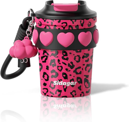 12 oz Travel Coffee Mug Spill Proof Leak Proof, Stainless Steel Thermal Coffee Cup with Lid, Resuable Cup for Hot and Cold, Portable Tumbler for Women, Pink Leopard