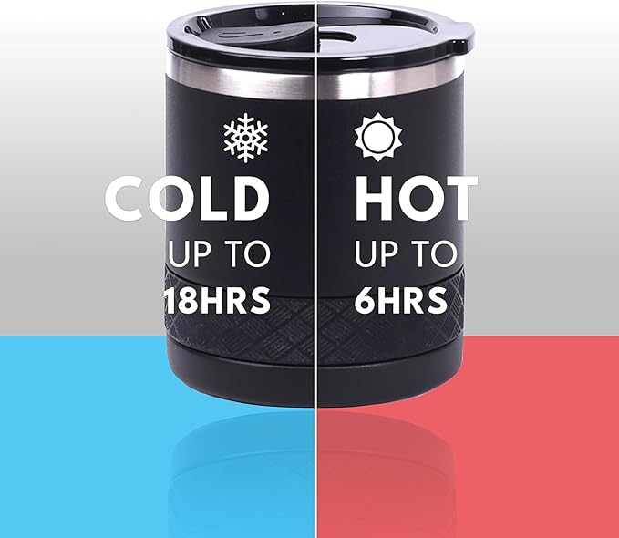 Elemental Recess Lowball Tumbler Set of 2, 10oz Triple Wall Stainless Steel Cup with Non-Shattered Tritan Lid, Insulated Whiskey Glass, Insulated Coffee Tumbler Mug for Hot & Cold Drinks - Black