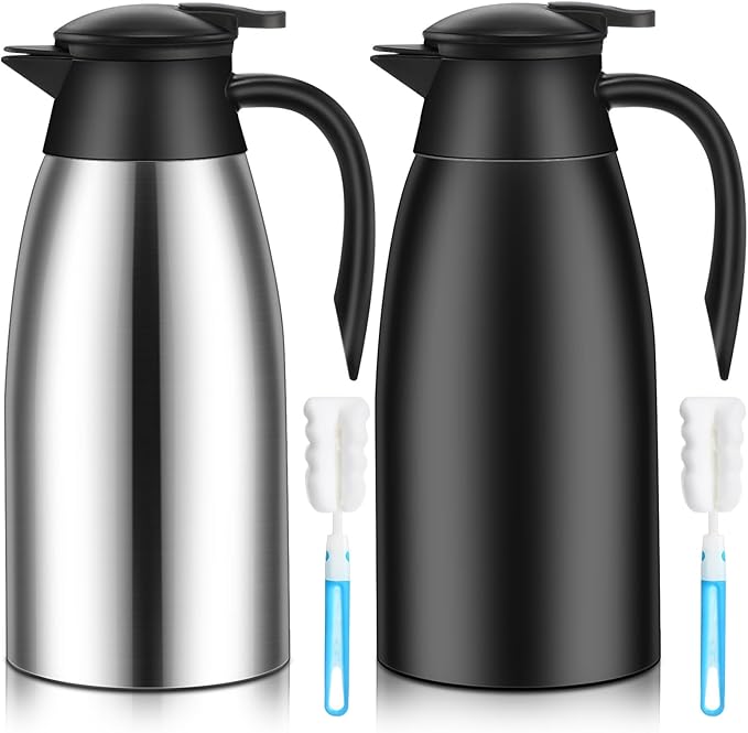 Uiifan 2 Pcs 68oz Thermal Coffee Carafe Insulated Stainless Steel Coffee Carafe for Hot Liquids Double Walled Vacuum Pot Creamer Pitcher Dispenser with Brush for Keeping Milk Tea(Silver, Black)