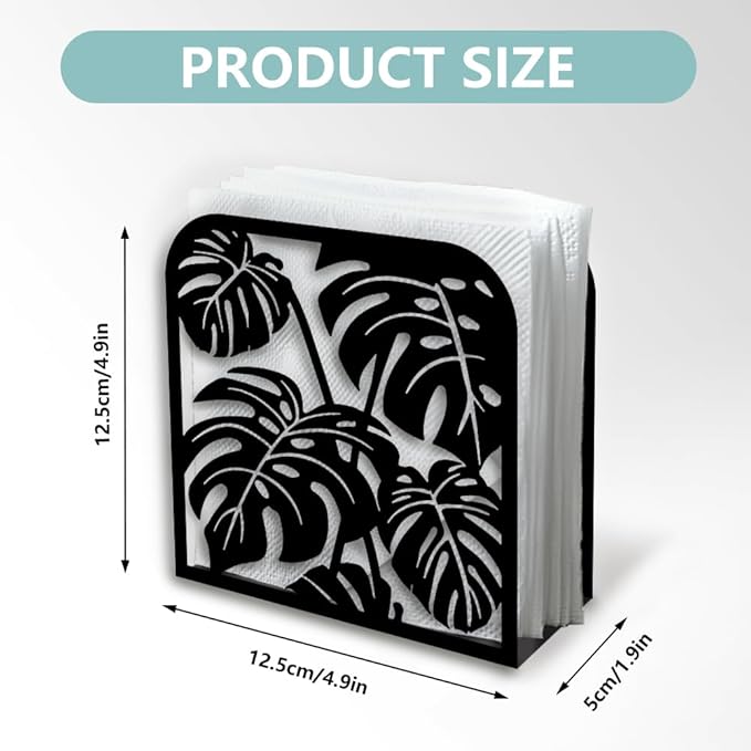 Monstera Leaf Decorative Black Metal Napkin Holder for Table, 4.9" x 4.9" x 1.9" Monstera Deliciosa Standing Napkin Holder for Home Kitchen Restaurant Picnic Party Coffee Bar Dining Room
