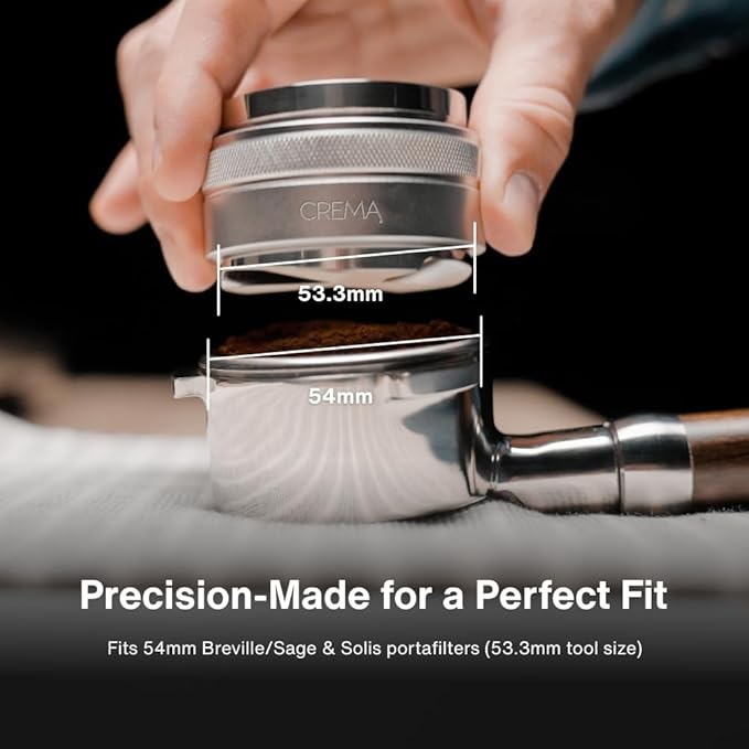 CREMA Coffee Products 54mm Hand Tamper & Coffee Distributor | Compatible with Breville Portafilters | Double-Sided, Adjustable Depth Tool | Made with Durable 304 Stainless Steel | White
