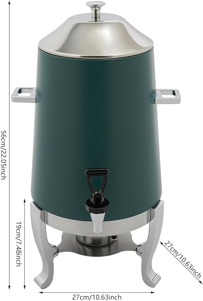 Stainless Steel Beverage Dispensers, Drink Dispenser with Fuel Holder & Base & Stainless Steel Faucet 3.4Gal Hot Beverage Dispenser, Commercial Coffee Urn for Hotels, Canteens（Silver, Green）