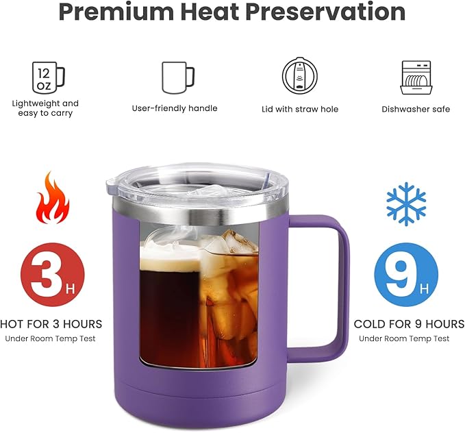 MEWAY 12oz Coffee Mug With Handle 4 Pack Bulk,Stainless Steel Insulated Travel Tumblers With Sliding Lid,Double Wall Vacuum Camping Cup for Hot & Cold Drinks Tea (Purple,Set of 4)
