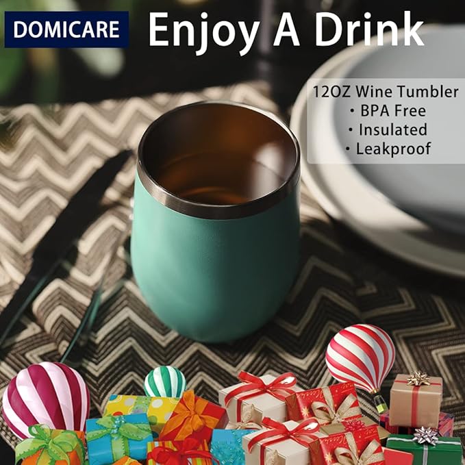 DOMICARE Stainless Steel Wine Tumbler Bulk with Lid, Personalized Insulated Tumblers Set, 12oz Travel Coffee Cups Pack of 1, Light Blue