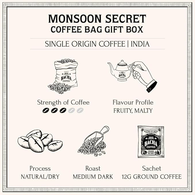 Bacha Coffee | Monsoon Secret India Single Origin, 100% Arabica Specialty Coffee Beans, Medium Dark Roast, x12 Individually Wrapped Single Serve Filter Bags