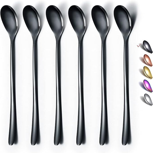 Black Long Handle Spoon, Coffee Stirrers, Premium Stainless Steel Ice Tea Spoons, Ice Cream Spoon, Cocktail Stirring Spoons, Set of 6 (Black)
