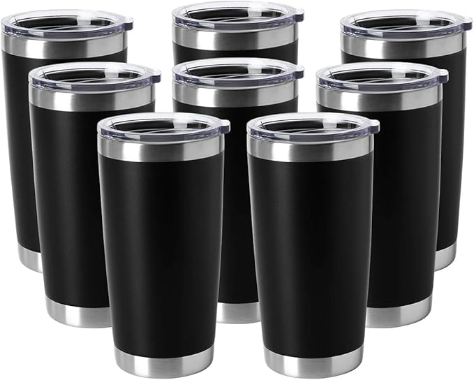 HASLE OUTFITTERS 20oz Tumblers Bulk Stainless Steel Cup with Lid Double Wall Vacuum Insulated Coffee Mug for Cold & Hot Drinks 8 Pack, Black