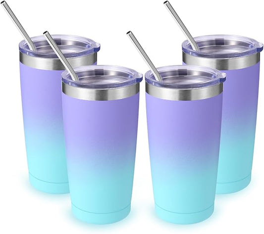 Volhoply 20oz Stainless Steel Tumbler with Lid and Straw Bulk 4 Pack,Double Wall Insulated Travel Iced Coffee Mug Fits Cup holder,Powder Coated Cups for Cold Drinks,Gifts for Women（Purple Bule,4 Set）