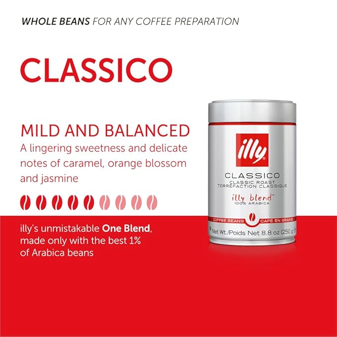 Illy Classico Whole Bean Coffee, Medium Roast, Classic Roast With Notes Of Caramel, Orange Blossom And Jasmine, 100% Arabica Coffee, No Preservatives, 8.8 Ounce Can (Pack Of 1)
