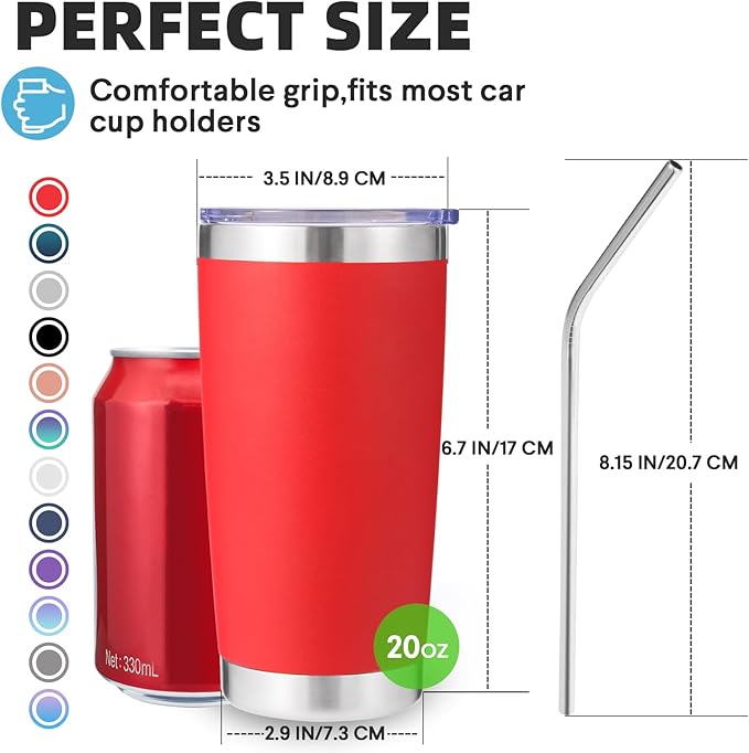 Volhoply 20oz Stainless Steel Tumbler with Lid and Straw Bulk 12 Pack,Double Wall Insulated Travel Iced Coffee Mug Fits Cup holder,Powder Coated Cups for Hot/Cold Drinks,Gifts for Women（Red,12 Set）
