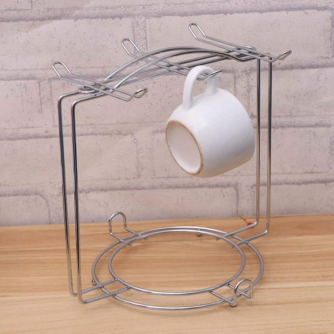 Mug Rack Stainless Steel Cup Plate Organizer Coffee Cup Holder Mug Drying Storage Rack for 4 Cups 6 Plates (Silver) Mug Rack Countertop