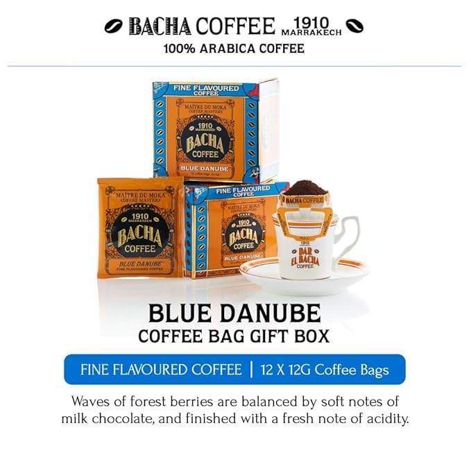 Bacha Coffee | Blue Danube Fine Flavoured, 100% Arabica Specialty Coffee Beans, Medium Roast, x12 Individually Wrapped Single Serve Filter Bags