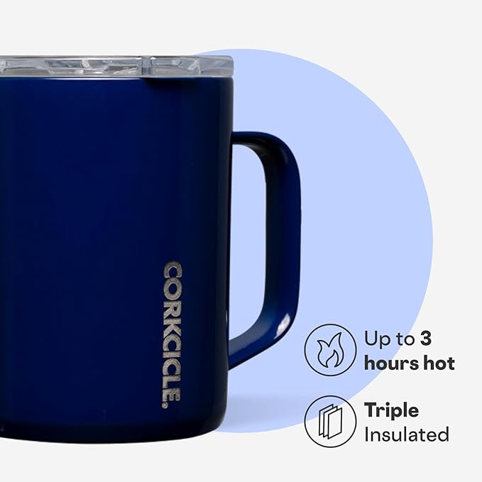 Corkcicle Classic Coffee Mug - Triple Insulated Stainless Steel for Travel - Shatter-Proof Lid - Keeps Drink Hot Over 3 Hours - Holiday Mug Gift - Great for Gifting - 16 oz - Gloss Midnight Navy