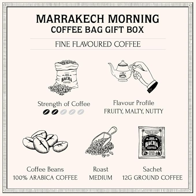 Bacha Coffee | Marrakech Morning Fine Flavoured, 100% Arabica Specialty Coffee Beans, Medium Roast, x12 Individually Wrapped Single Serve Filter Bags