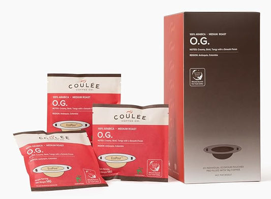 Coulée EcoPour O.G. Coffee, All Paper Single Serve Colombian Coffee, Medium Roast, Use for Camping or Traveling, Pre Filled Compostable Filters, Ready to Brew with Hot Water, Plastic Free, 20 Pack