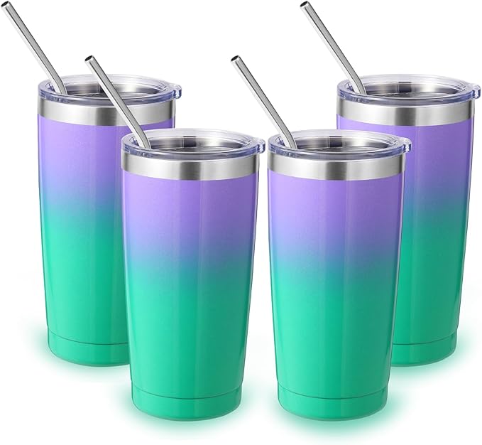 Volhoply 20oz Stainless Steel Tumbler with Lid and Straw Bulk 4 Pack,Double Wall Insulated Travel Iced Coffee Mug Fits Cup holder,Powder Coated Cups for Cold Drinks,Gifts for Women（Purple Green,4 Set）