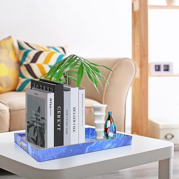 Gifturbo Blue Marble Serving Tray,Decorative Serving Trays with Handles,Coffee Table Tray Ottoman Rectangular Plastic Trays with Gold Rim for Living Room, Bathroom,15.7 x 10.2 x1.37 inches