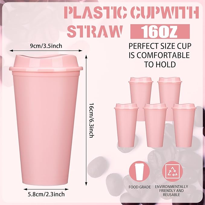 Domensi 15 Pack Reusable Coffee Cups with Lids 16 oz Disposable Travel Cups Bulk Plastic to Go Coffee Tumblers for DIY Hot Cold Drink Party Favors Coworker, Microwaveable (Pink)