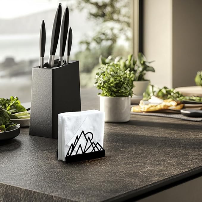 Geometric Mountains Decorative Black Metal Napkin Holder for Table, 4.9" x 4.9" x 1.9" Standing Napkin Holder for Home Kitchen Restaurant Picnic Party Coffee Bar Dining Room