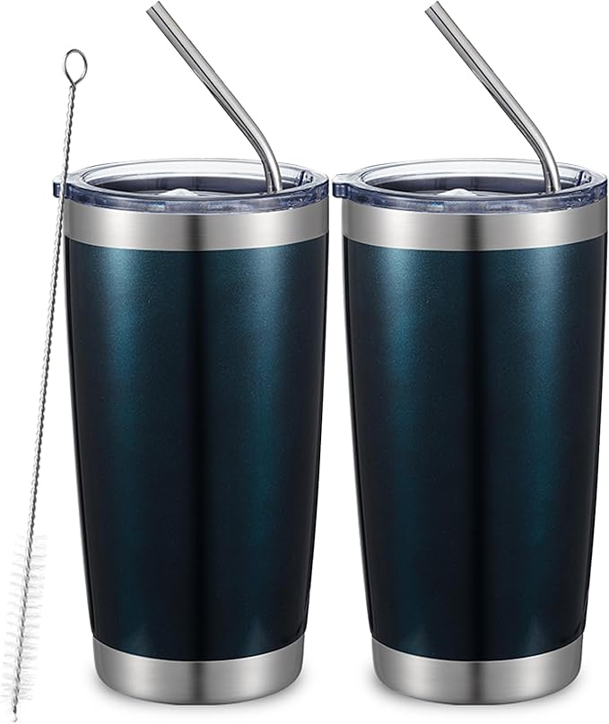 COMOOO 20oz Double Wall Vacuum Insulated Travel Mug, Stainless Steel Tumbler with Lid and Straw Durable Powder Coated Insulated Coffee Cup for Cold & Hot Drinks (Peacock Blue. 2 pack