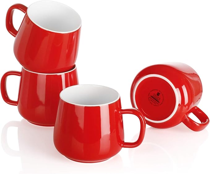 Teocera Ceramic Coffee Mug Set of 4-12 oz Coffee Mugs with Large Handles for Hot or Cold Drinks Like Latte, Cocoa, Tea or Juice - Smooth Ceramic, Dishwasher Safe, Red