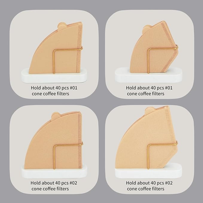 Cone Coffee Filter Holder for Counter, Coffee Filter Storage Container for Cone Paper Filters Size #01 ＆ #02, Marble Base with Non-Slip Pad (White)